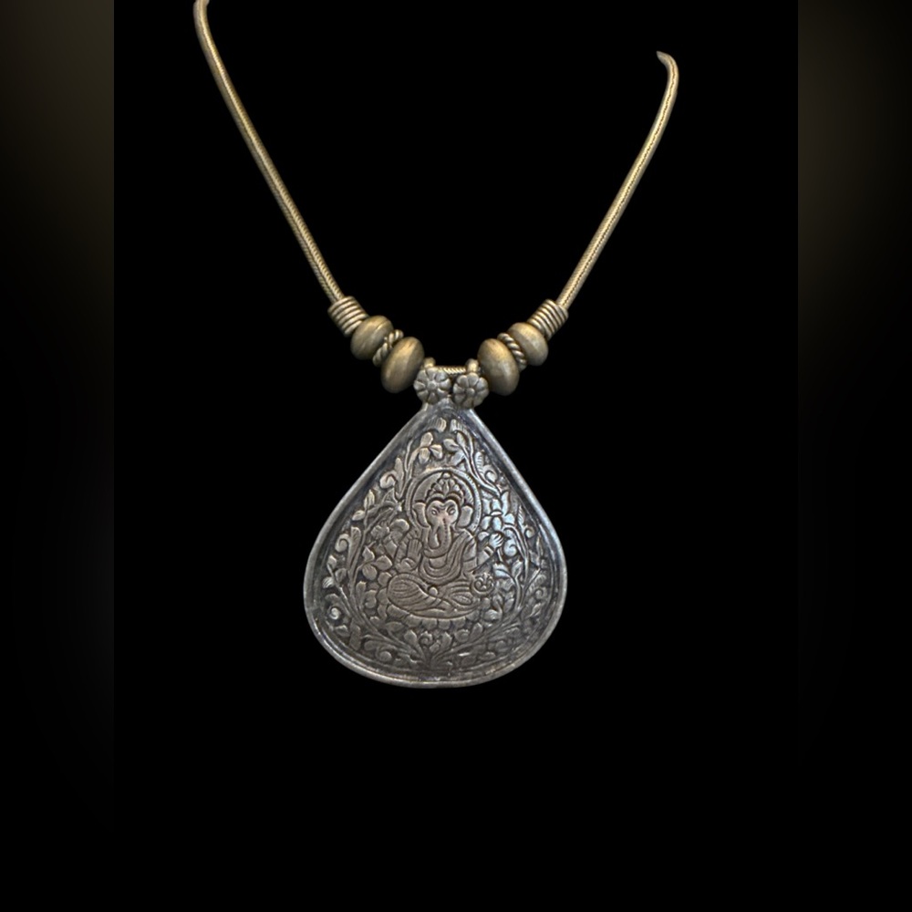 925 Silver Ganesha budda  2 Tone oxidized xl Teardrop Pendant Necklace -2.38 oz